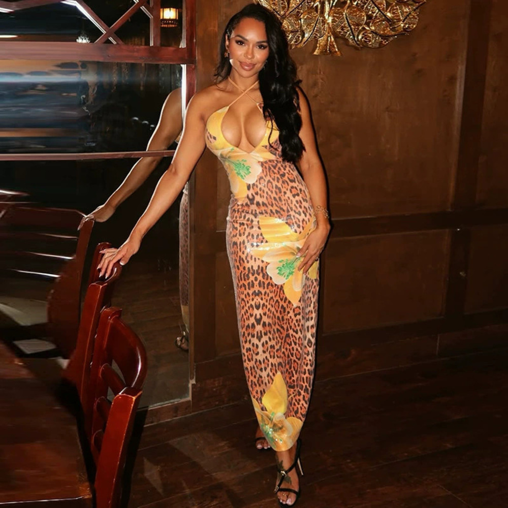 ZARA Leopard Print Patchwork Halter Neck Low Cut Sexy Bodycon Slim Dress